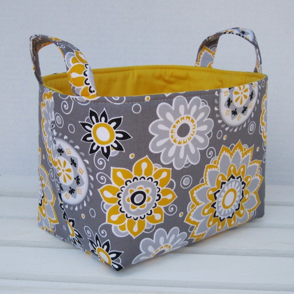 Storage and Organization - Fabric  Basket Organizer Container Bin - Yellow and White Flowers on Gray