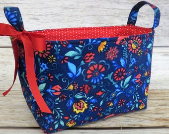 Mazie All Over The Pioneer Woman Fabric Blue Red Flowers - Diaper Caddy Nursery Bin Storage Basket - Baby Room