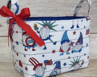 Patriotic Gnomes on White Fabric - Bin Basket Bag Storage - Memorial Day - 4th of July Room Decor