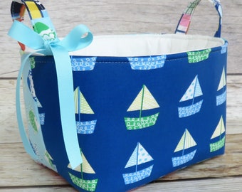 Nautical Beach Decor - Sailboats and Fun Fish Fabric - Caddy Bin Storage Organizer Basket