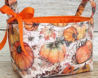 Orange White Pumpkins Fall Autumn Fabric Bin Storage Container Basket - Holiday Decor Organizer