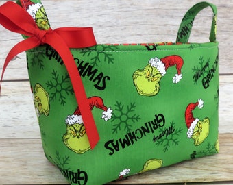 Green Christmas Fabric - Merry Holiday Xmas Fabric Organizer Bin Basket