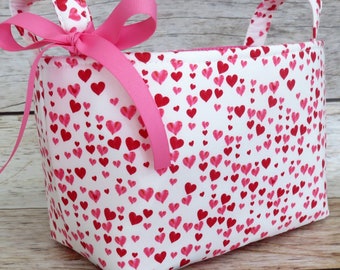 Mini Small Pink and Red Hearts on White Valentines Day fabric - Storage Gift Basket - Organizer Bin - Valentine - Teacher Appreciation