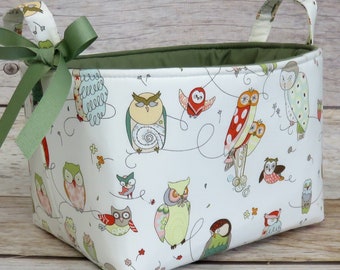 Diaper Caddy Bin Storage Organizer Container Basket - Whimisical Owls on Cream Fabric
