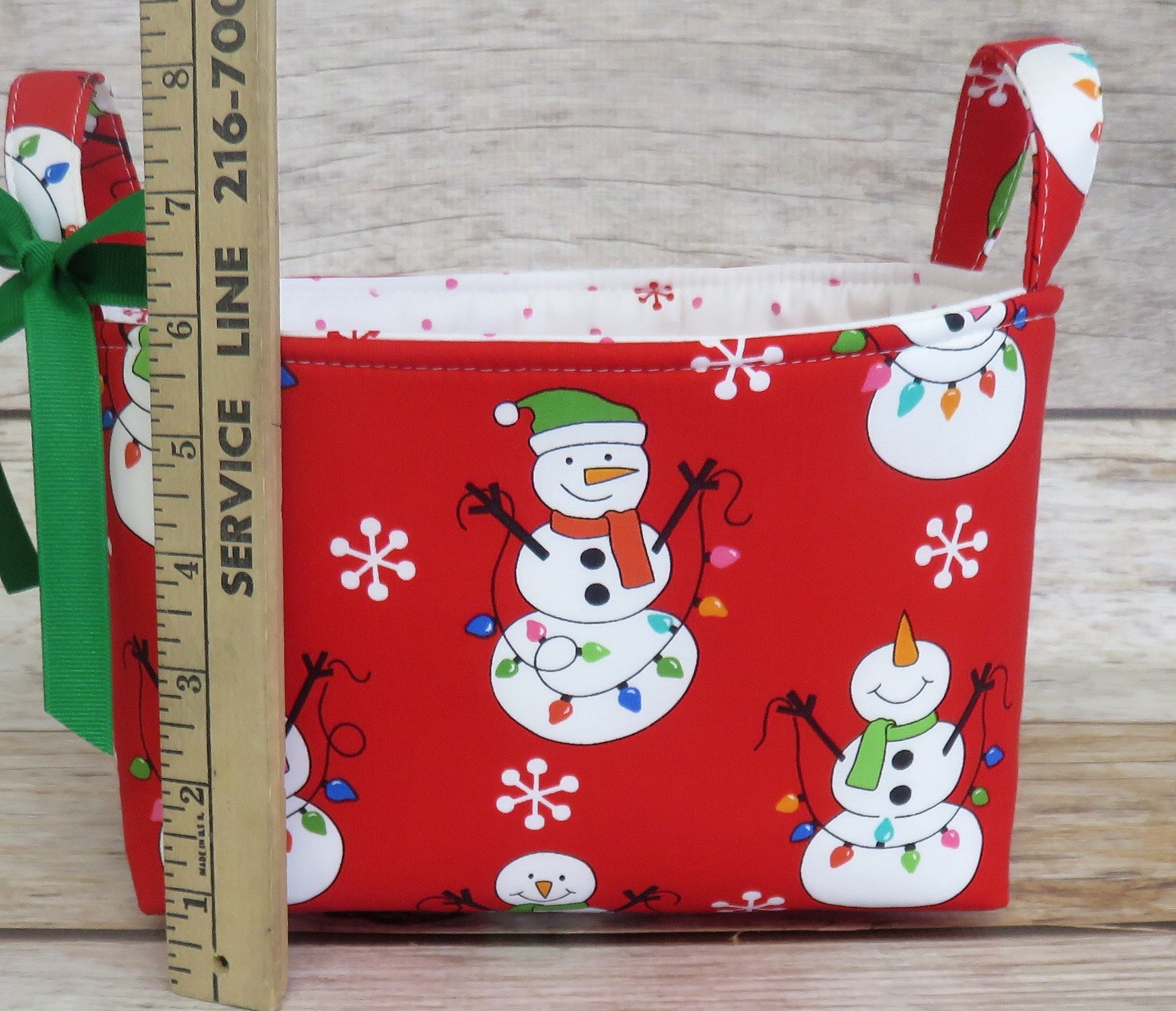 Snowman and Christmas Lights on Red, Holiday Xmas Fabric, Storage Organization Container Bin Organizer Basket
