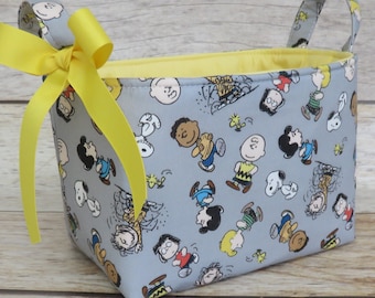Peanuts and Friends on Gray Fabric with Charlie Brown Snoopy and Lucy Bin Organizer Container Basket - Baby Room Decor