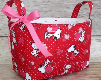 Snoopy and Love Hearts on Red Valentines Day fabric - Storage Gift Basket - Organizer Container Bin - Valentine - Teacher Appreciation