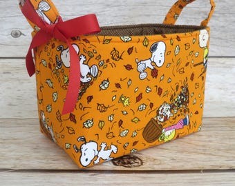 Falling Leaves on Orange Fabric - Charlie Brown Peanuts - Storage Bin Organizer - Autumn Fall Decor