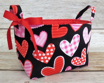 Patterned Red and Pink Hearts Valentines Day fabric - Storage Gift Basket - Organizer Container Bin - Valentine - Teacher Appreciation
