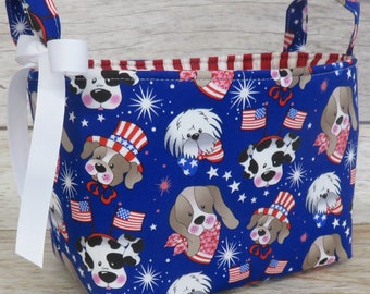 Patriotic Pups Dogs on Blue Fabric - Bin Basket Bag Storage - Memorial Day - 4th of July Room Decor