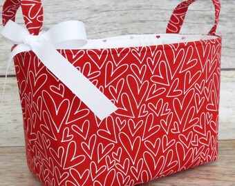 Red Hearts Heart Valentines Day Fabric Storage Gift Basket Organizer ...