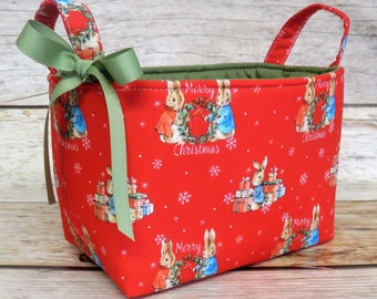 Peter Rabbit Beatrix Potter on Red Merry Christmas Holiday Xmas Fabric - Storage Organization Container Bin Organizer Basket