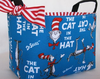 Blue Red/ White Hat Cat Book Cover Fabric - Organizer Bin Basket - Teacher Appreciation