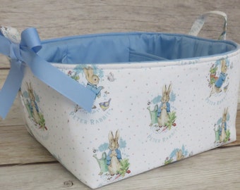 Peter Peter Rabbit Badges on White Fabric - XLarge Diaper Caddy 2 Dividers - Organizer Bin Basket Nursery Baby Room Decor