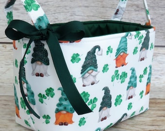 St. Patrick's Day Gnomes on White Fabric - Storage Gift Basket Bin - Teacher Appreciation