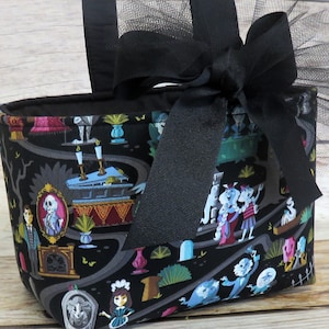 Haunted Mansion Ride on Black Disney Fabric Halloween Trick or Treat Candy Bag Basket Bucket - Personalized Name Tag Applique Available