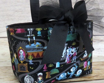 Haunted Mansion Ride on Black Disney Fabric Halloween Trick or Treat Candy Bag Basket Bucket - Personalized Name Tag Applique Available