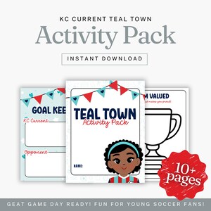 May include: A teal and red "Teal Town Activity Pack" with a soccer theme. The cover features a cartoon girl and the text "Instant Download". The pack includes pages for young soccer fans, with a "Goal Kee" page and a trophy outline.