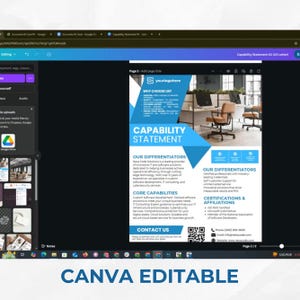 May include: A blue and white capability statement template with the text "Capability Statement" in a large white font. The template includes a section for "Our Differentiators" and "Core Capabilities". The template also includes a QR code and contact information.