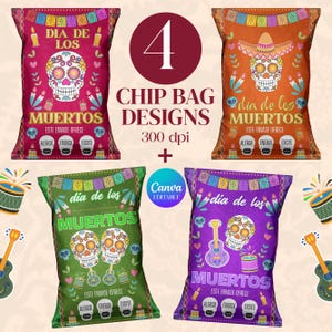 Bearbeitbare Chip-Beutelvorlage, Dia de los Muertos Party Favors, Zuckerschädel Leckerlibeutel, Fiesta Feier Dekor Digital