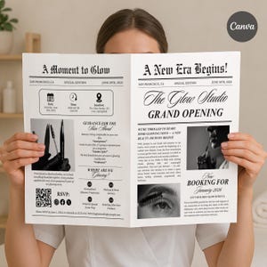以下が含まれることがあります： 「The Glow Studio」のグランドオープンの新聞スタイルのチラシを人が開いています。チラシには、「A Moment to Glow」や「A New Era Begins!」などのテキストと、イベントの詳細や予約情報が記載されています。