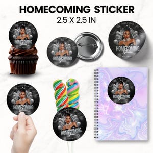 May include: A collection of round stickers, a button, and a notebook featuring a design with a woman, text that reads "HOMECOMING Queen", and the text "VOTE AN/ル". The stickers and button are 2.5 x 2.5 inches.