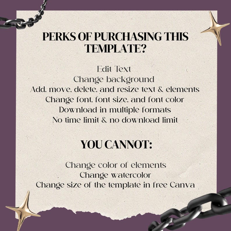 May include: A graphic with a purple background and a white text box. The text box contains a list of perks and limitations of purchasing a template. The text reads: "PERKS OF PURCHASING THIS TEMPLATE? Edit Text Change background Add. move, delete, and resize text & elements Change font, font size, and font color Download in multiple formats No time limit & no download limit YOU CANNOT: Change color of elements Change watercolor Change size of the template in free Canva"