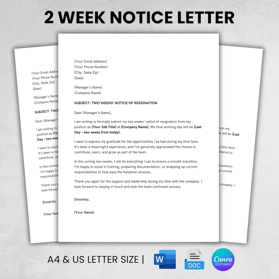 Two Week Notice Pper Example Two Weeks Notice Letter Template, Professional Resignation (digital ...
