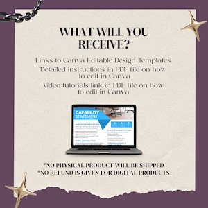 May include: A digital product listing for a Canva template for a capability statement. The image shows a laptop screen with a sample capability statement, and the text "WHAT WILL YOU RECEIVE?" with a list of what is included in the purchase. The text "*NO PHYSICAL PRODUCT WILL BE SHIPPED *NO REFUND IS GIVEN FOR DIGITAL PRODUCTS" is also included.