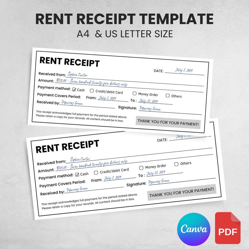 Simple Rent Receits Editable Rent Receipt Template, Printable Simple Rent Receipt ...