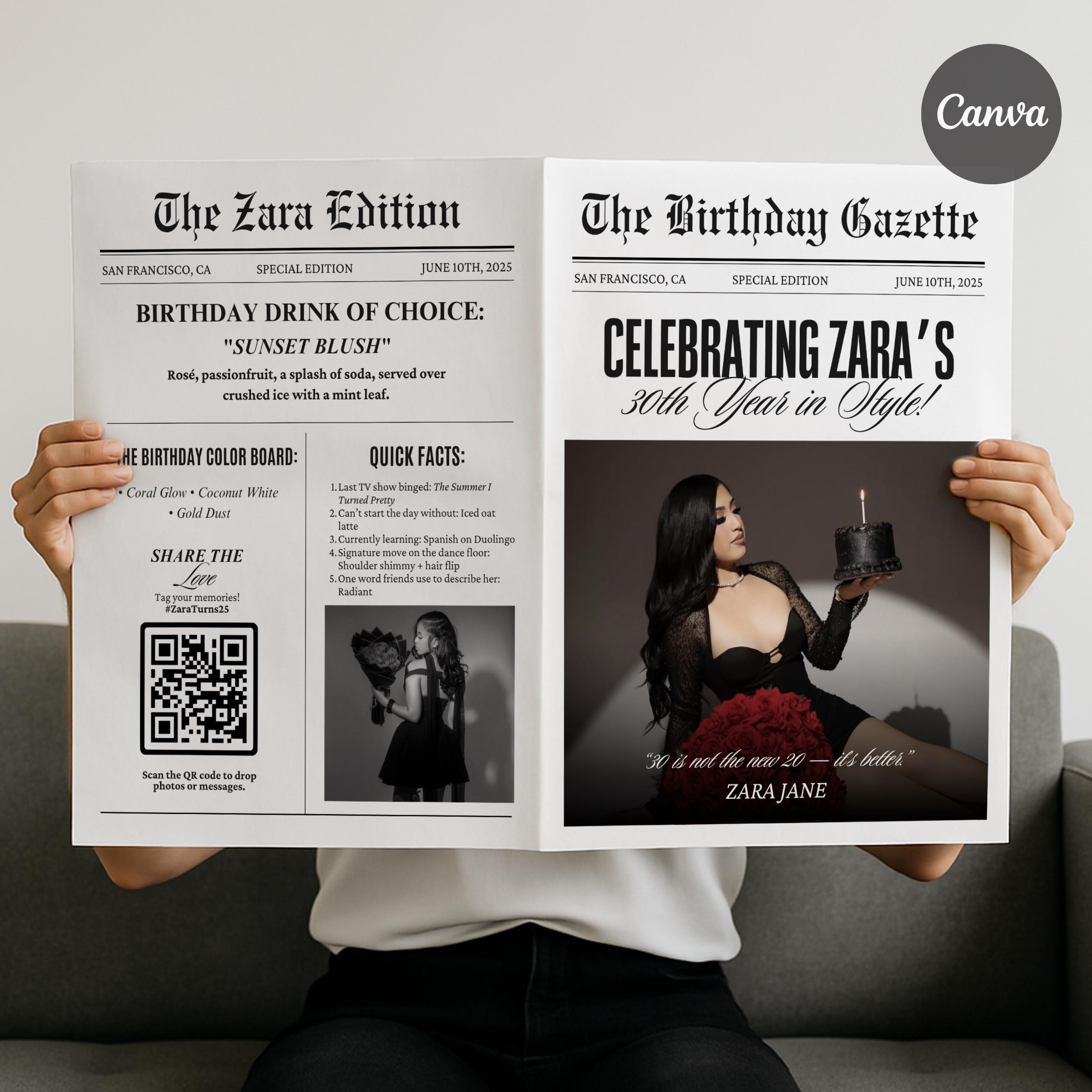 Editable Birthday Newspaper Template, Canva Invitation (digital