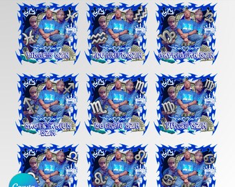 Zodiac Birthday Sticker Designs, Men's Blue Theme (Canva Editable)