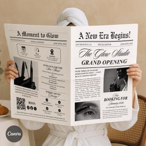 May include: A person in a white robe holds a newspaper titled "A Moment to Glow" and "A New Era Begins!" The paper advertises The Glow Studio's grand opening, with beauty services and booking information for January 2026. The paper has a vintage newspaper design.