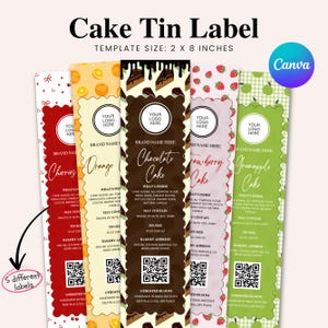 Puede incluir: Etiquetas para latas de pastel con varios sabores, incluyendo cereza, naranja, chocolate, fresa y manzana verde. Cada etiqueta es rectangular, con una combinación de colores y diseño únicos, e incluye espacio para un logotipo e información del producto. El tamaño de la plantilla es de 5 x 20 cm.