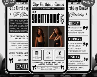 Sagittarius Birthday Itinerary, Weekend Girl Trip Newspaper Invite (Digital)