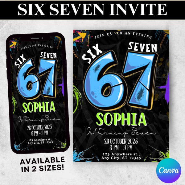 Six Seven Birthday Party Invitation, Meme Canva Template (Digital Download)