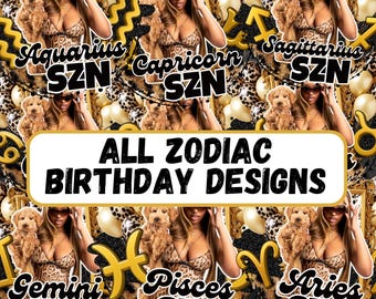 Zodiac Birthday Designs Bundle, Styrofoam Cup Sticker, Shot Glass, and T-Shirt Designs, Horoscope Sublimation Design Canva Editable Template
