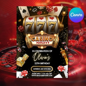 Casino Birthday Invitation, Editable Casino Theme Birthday Invitation, Casino Poker Engagement Birthday Party Invitation, Canva Template