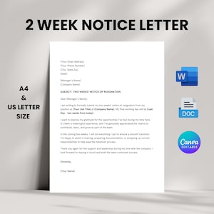 2 Weeks Notice Letter, Two Weeks Notice Letter, Professional Notice Letter, Google Docs Word Canva  Notice Letter, Resignation Template