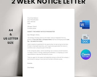 2週間前の退職届テンプレート、プロフェッショナルな退職届（Googleドキュメント、Word、Canva対応）