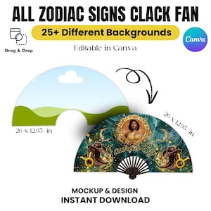 All Zodiac Signs Clack Fan Templates Bundle, Boots On The Ground Fan,25+ Backgrounds,Zodiac Click Fan Sublimation,Chinese Fan,Canva Template