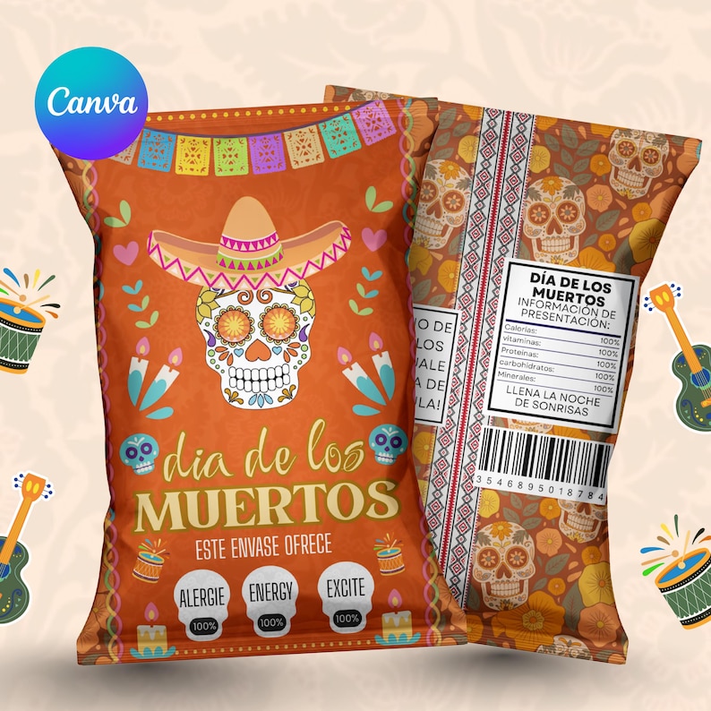 Editable Day of the Dead Chip Bag Template, Dia De Los Muertos Party ...