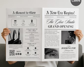 編集可能な美容ビジネス新聞テンプレート（Canva）エステティシャンまたはヘアサロン新聞