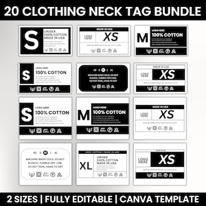 Etiquetas de ropa editables, etiquetas para el cuello, etiquetas para camisetas, etiquetas para el cuello, etiquetas para prendas DIY, etiquetas para ropa, etiquetas con instrucciones de lavado, etiquetas