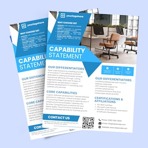 May include: A blue and white flyer with the title "Capability Statement" and the company name "Nexa Code Solutions". The flyer highlights the company's expertise in IT and software solutions, cybersecurity services, and consulting. It also lists certifications and affiliations, including ISO 9001, Microsoft Gold Partner, and the National Association of Software Developers.