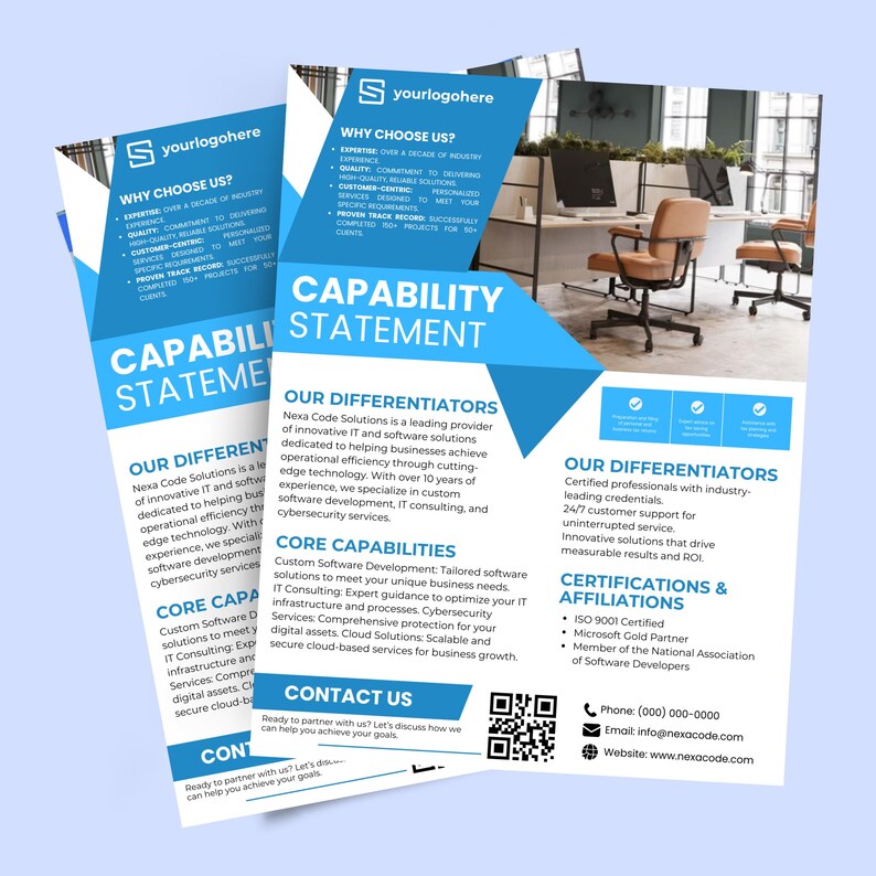 May include: A blue and white flyer with the title "Capability Statement" and the company name "Nexa Code Solutions". The flyer highlights the company's expertise in IT and software solutions, cybersecurity services, and consulting. It also lists certifications and affiliations, including ISO 9001, Microsoft Gold Partner, and the National Association of Software Developers.