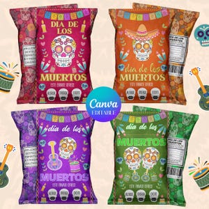 Bearbeitbare Chip-Beutelvorlage, Dia de los Muertos Party Favors, Zuckerschädel Leckerlibeutel, Fiesta Feier Dekor Digital
