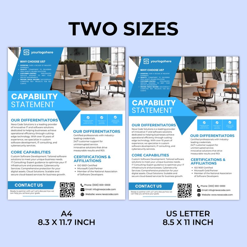 May include: A blue and white flyer with the text "Capability Statement" and "Our Differentiators" in bold white text. The flyer advertises IT and software solutions for businesses. The flyer includes a QR code and contact information for Nexa Code Solutions.