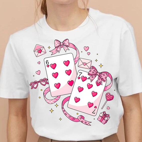 Playing Cards Valentine 6 7 PNG, Preppy 67 Six Seven Valentines Png Coquette Funny Design, Pink bow Valentine Png, Preppy 67 Coquette Png