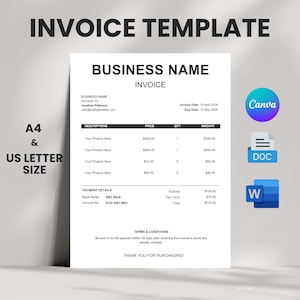 Invoice Template, Minimalist Business Invoice, Editable Receipt Form, Receipt Order, Editable Client Invoice, Small Business Billing Form